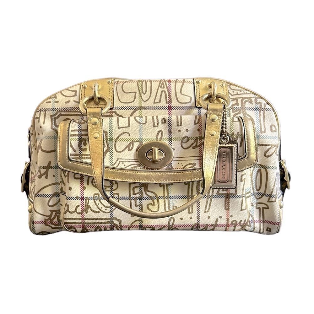 COACH Chelsea Graffiti Tattersall Domed Satchel Gold Brass Vintage